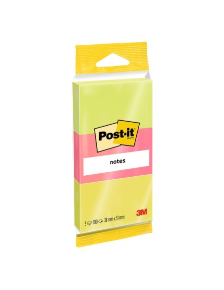Lot de 3 blocs de 100 notes autocollantes repositionnables Post-It - Forme rectangulaire - 38 x 51 mm - Couleurs assorties