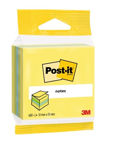 Cube Post-It de 400 notes autocollantes repositionnables - Forme rectangulaire - 51 x 51 mm - Couleurs assorties