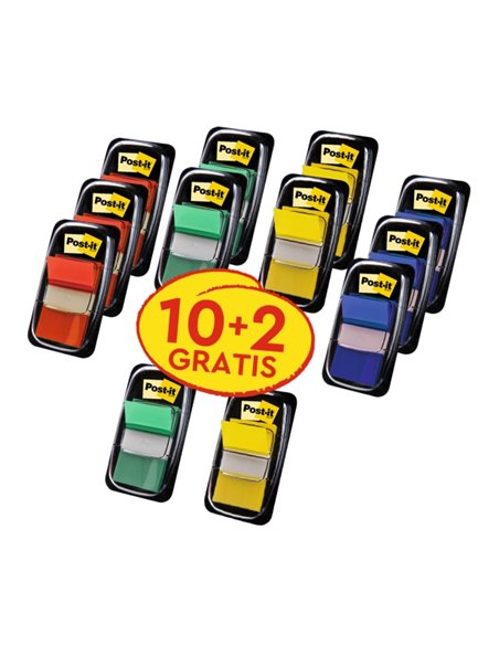 Lot de 12 distributeurs Post-It avec 50 marqueurs d'index repositionnables - Forme rectangulaire - Couleurs assorties