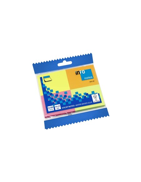 Bloc de 4 blocs de 50 notes autocollantes Global Notes inFO Brillant 50 x 40 mm - Certifié FSC™ - Couleurs jaune, orange, rose e