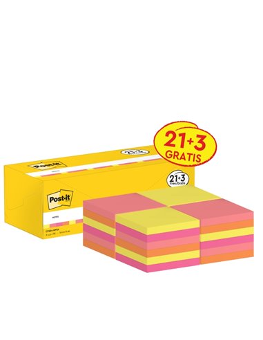 Pack de 24 blocs de 100 notes autocollantes repositionnables Post-It - Forme carrée - 76 x 76 mm - Couleurs assorties