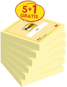 Pack de 6 blocs de 100 notes autocollantes repositionnables Post-It - 76 x 76 mm - Promotion 5 blocs + 1 offert - Jaune clair