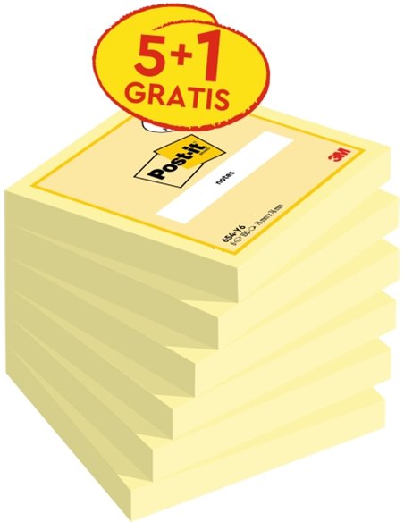 Pack de 6 blocs de 100 notes autocollantes repositionnables Post-It - 76 x 76 mm - Promotion 5 blocs + 1 offert - Jaune clair