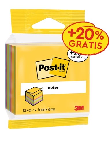 Cube Post-It de 390 notes autocollantes repositionnables - Forme carrée - 76 x 76 mm - Couleurs assorties