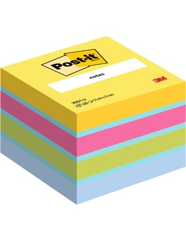 Cube Post-It de 400 notes autocollantes repositionnables - Forme carrée - 51 x 51 mm - Couleurs assorties