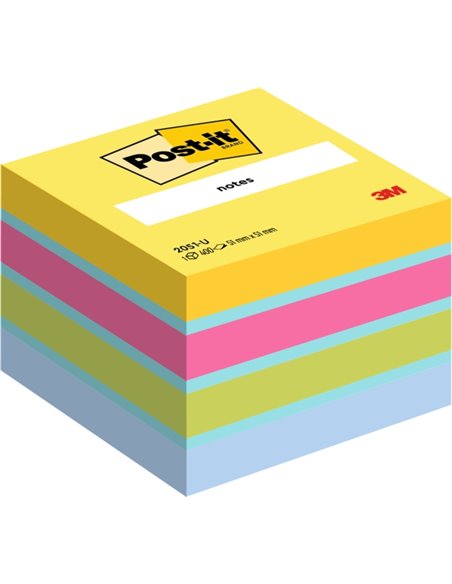 Cube Post-It de 400 notes autocollantes repositionnables - Forme carrée - 51 x 51 mm - Couleurs assorties