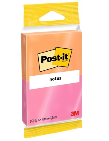 Lot de 2 blocs de 75 notes autocollantes repositionnables Post-It - Forme rectangulaire - 76 x 63,5 mm - Couleurs assorties
