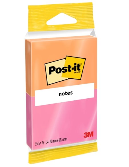 Lot de 2 blocs de 75 notes autocollantes repositionnables Post-It - Forme rectangulaire - 76 x 63,5 mm - Couleurs assorties