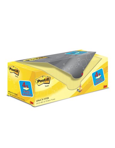 Lot de 20 blocs de 100 notes autocollantes repositionnables Post-It - Forme carrée - 76 x 76 mm - Jaune clair