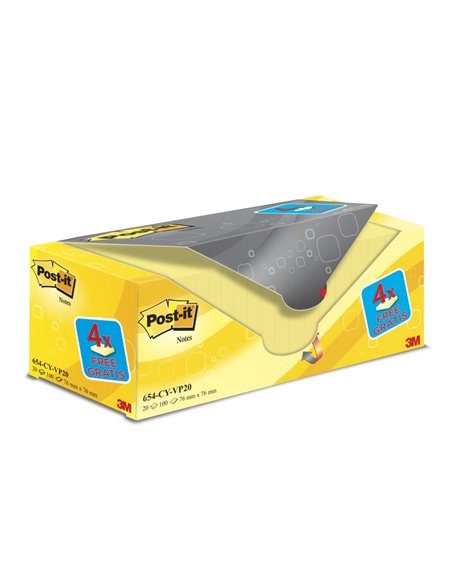 Lot de 20 blocs de 100 notes autocollantes repositionnables Post-It - Forme carrée - 76 x 76 mm - Jaune clair