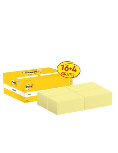 Post-It Pack de 20 blocs de 100 notes autocollantes repositionnables - Forme rectangulaire - 76 x 127 mm - Jaune clair