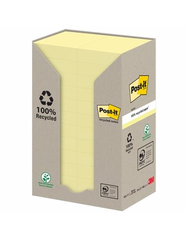 Post-It Pack de 24 blocs de 100 notes autocollantes recyclées - Forme rectangulaire - 51 x 38 mm - Jaune clair