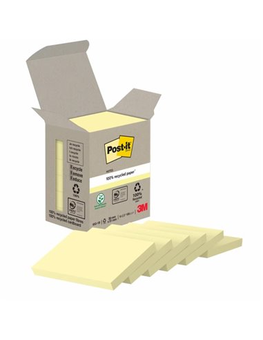 Post-It Pack de 6 blocs de 100 notes autocollantes recyclées - Forme rectangulaire - 51 x 38 mm - Jaune clair