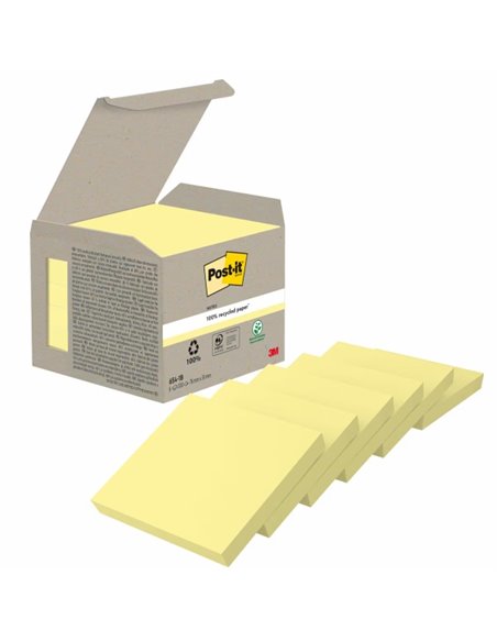 Lot de 6 blocs de 100 notes autocollantes recyclées Post-It - Forme carrée - 76 x 76 mm - Jaune clair
