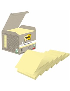 Lot de 6 blocs de 100 notes adhésives recyclées Post-It - Forme carrée - 76 x 76 mm - Jaune clair
