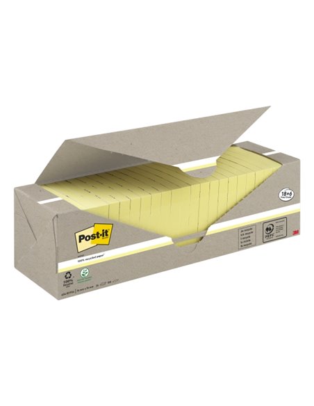 Pack de 24 blocs de 100 notes autocollantes recyclées Post-It - Forme carrée - 76 x 76 mm - Jaune clair