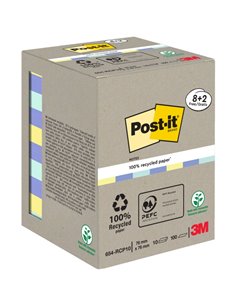 Lot de 10 blocs de 100 notes autocollantes recyclées Post-It - Forme carrée - 76 x 76 mm - Couleurs assorties