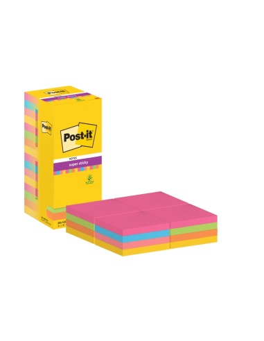 Post-It Super Sticky Pack de 16 blocs de 90 notes autocollantes repositionnables - 76 x 76 mm - 100 % PEFC - Couleurs assorties