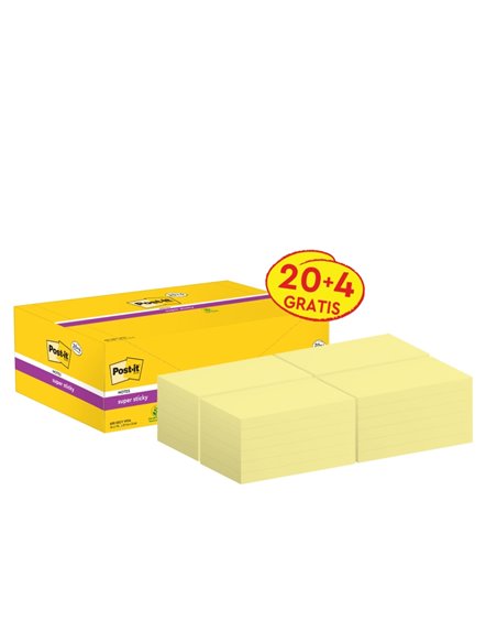 Post-It Super Sticky Pack de 24 Blocs de 90 Notes autocollantes repositionnables - 76x127mm - Jaune clair