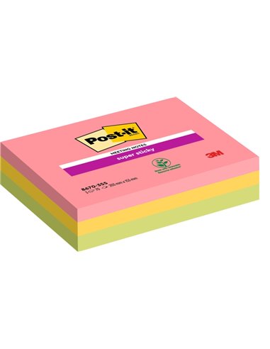 Lot de 3 blocs de 70 notes adhésives repositionnables Post-It Super Sticky - 203 x 153 mm - Couleurs assorties