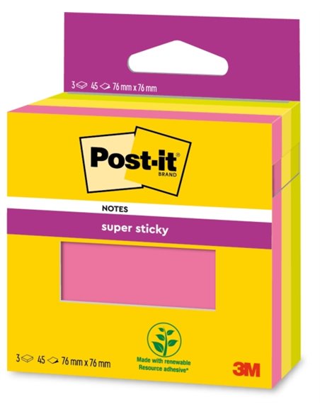 Post-It Super Sticky Pack de 3 blocs de 45 notes autocollantes repositionnables - 76 x 76 mm - 100 % PEFC - Couleurs assorties