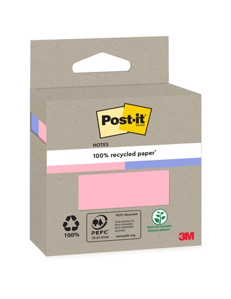 Lot de 2 blocs de 100 notes autocollantes recyclées Post-It - Forme carrée - Couleurs assorties