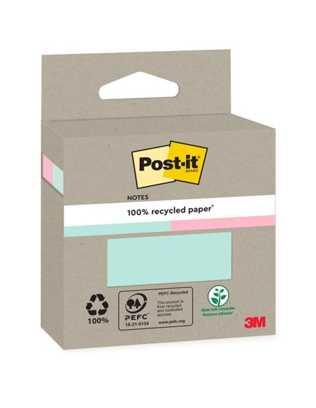 Lot de 2 blocs de 100 notes autocollantes recyclées Post-It - Forme carrée - Couleurs assorties