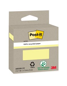 Lot de 2 blocs de 100 notes autocollantes recyclées Post-It - Forme carrée - Jaune clair