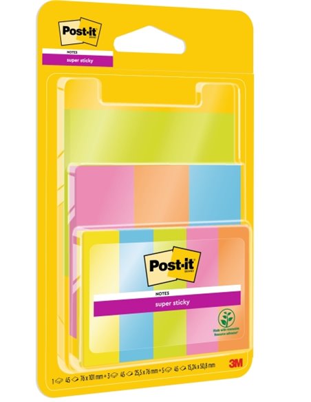 Post-It Super Sticky Pack de 9 blocs de 45 notes autocollantes repositionnables - 100 % PEFC - Couleurs assorties