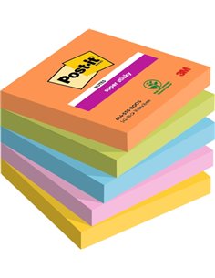 Post-It Super Sticky Pack de 5 blocs de 90 notes autocollantes repositionnables - Forme carrée - 76 x 76 mm - Couleurs assorties