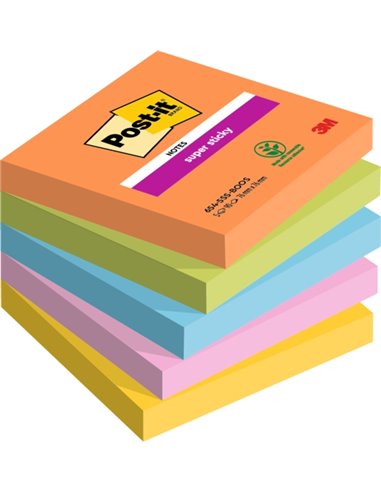 Post-It Super Sticky Pack de 5 blocs de 90 notes autocollantes repositionnables - Forme carrée - 76 x 76 mm - Couleurs assorties
