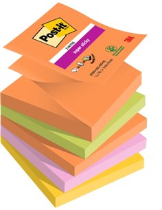 Post-It Super Sticky Pack de 5 blocs de 90 notes autocollantes repositionnables - Forme carrée - 76 x 76 mm - Zig-Zag - Couleurs