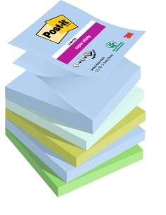 Post-It Super Sticky Pack de 5 blocs de 90 notes autocollantes repositionnables - Forme carrée - 76 x 76 mm - Zig-Zag - Couleurs