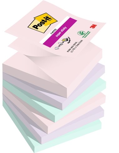 Post-It Super Sticky Pack de 6 blocs de 90 notes autocollantes repositionnables - Forme carrée - 76 x 76 mm - Zig-Zag - Couleurs