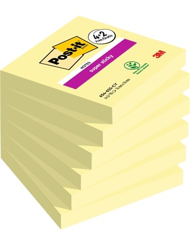 Post-It Super Sticky Pack de 6 blocs de 90 notes autocollantes repositionnables - 76 x 76 mm - Promotion 4 blocs + 2 gratuits - 