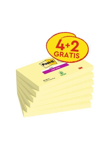 Pack de 6 blocs Post-It Super Sticky avec 90 notes autocollantes repositionnables - 76 x 127 mm - Promotion : 4 blocs + 2 gratui