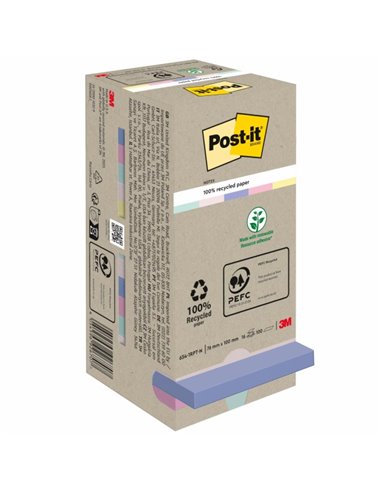 Pack de 16 blocs de 100 notes autocollantes recyclées Post-It - Forme carrée - 76 x 76 mm - Couleurs assorties