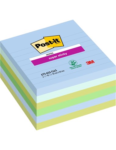 Post-It Super Sticky Pack de 6 blocs de 90 notes autocollantes repositionnables - Forme carrée - 101 x 101 mm - Couleurs assorti