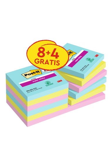 Post-It Super Sticky Pack de 12 blocs de 90 notes autocollantes repositionnables - Collection Cosmique - 76 x 76 mm - + 4 offert