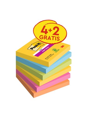 Post-It Super Sticky Pack de 6 blocs de 90 notes autocollantes repositionnables - Forme carrée - 76 x 76 mm - Couleurs assorties