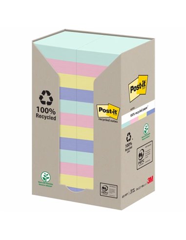 Post-It Pack de 24 blocs de 100 notes autocollantes recyclées - Forme rectangulaire - 51 x 51 mm - Couleurs assorties