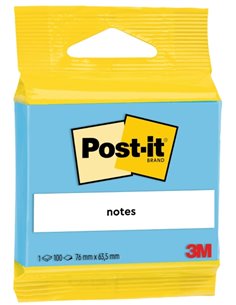 Bloc-notes Post-It de 100 notes autocollantes repositionnables - Forme rectangulaire - 63,5 x 76 mm - Bleu