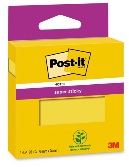 Bloc de 90 notes adhésives repositionnables Post-It Super Sticky - 76 x 76 mm - 100 % PEFC - Jaune