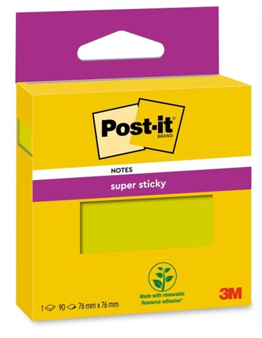Pack de notes Post-It Super Sticky, 1 bloc de 90 notes autocollantes repositionnables - 76 x 76 mm - Vert