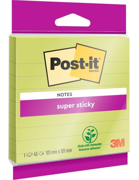 Bloc de 45 notes adhésives repositionnables Post-It Super Sticky - Forme carrée - 101 x 101 mm - Couleur verte