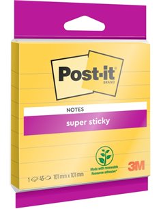 Bloc de 45 notes adhésives repositionnables Post-It Super Sticky - Forme carrée - 101 x 101 mm - Jaune