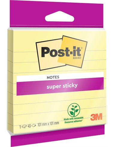 Bloc de 45 notes adhésives repositionnables Post-It Super Sticky - Forme carrée - 101 x 101 mm - Jaune clair