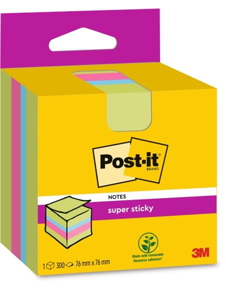 Cube de 300 notes autocollantes repositionnables Post-It Super Sticky - 76 x 76 mm - 100 % PEFC - Couleurs assorties