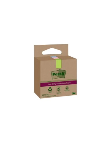 Post-It Super Sticky Pack de 3 blocs de 70 notes autocollantes recyclées - Forme carrée - 47,6 x 47,6 mm - Couleurs assorties