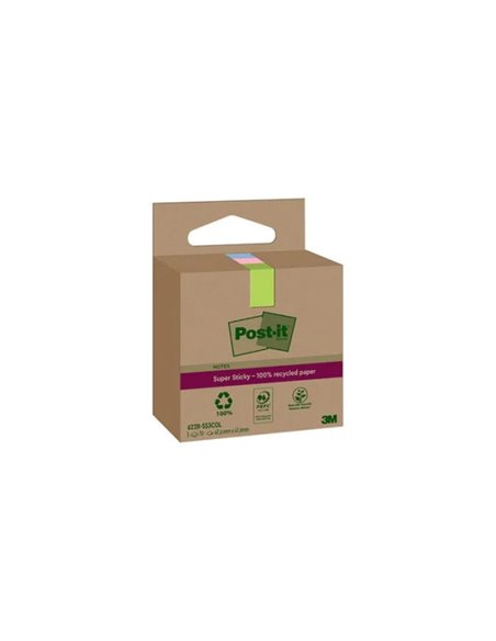 Post-It Super Sticky Pack de 3 blocs de 70 notes autocollantes recyclées - Forme carrée - 47,6 x 47,6 mm - Couleurs assorties